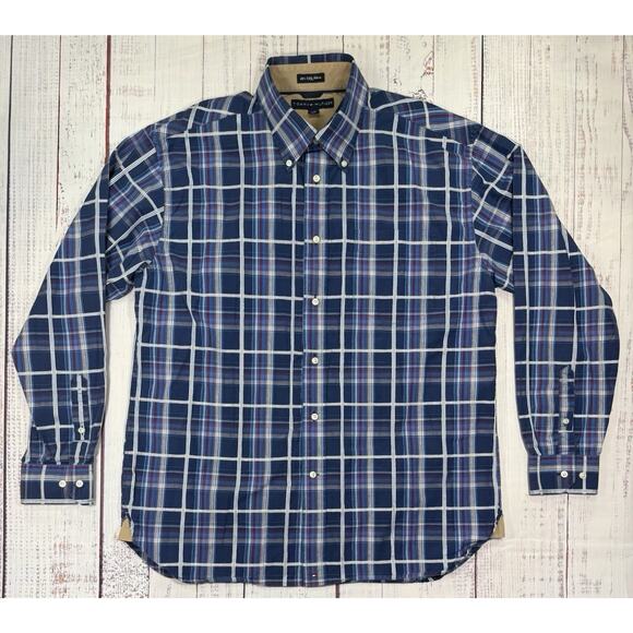 Tommy Hilfiger Shirt Mens L Blue Plaid Button Up Long Sleeve 80’s 2-Ply Fabric - Picture 1 of 7